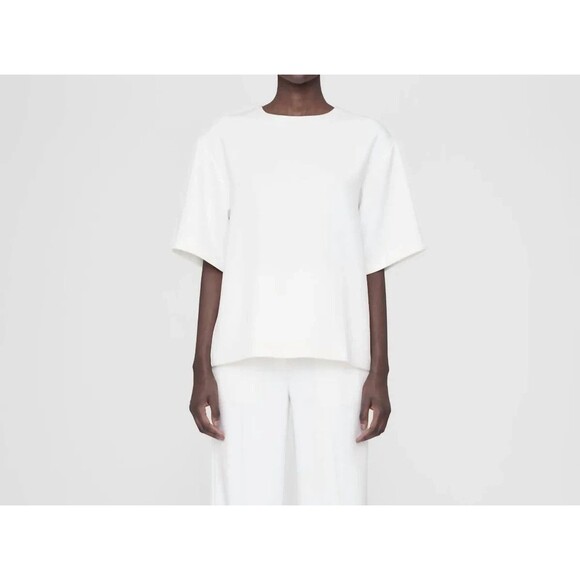 Anine Bing Maddie Crepe Blouse Shirt Size Large White Short Sleeve Back Zip Boxy - Picture 2 of 7